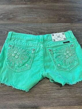 Miss Me Green Cutoff Denim Shorts Rhinestone Embellished Floral Pockets Size 29